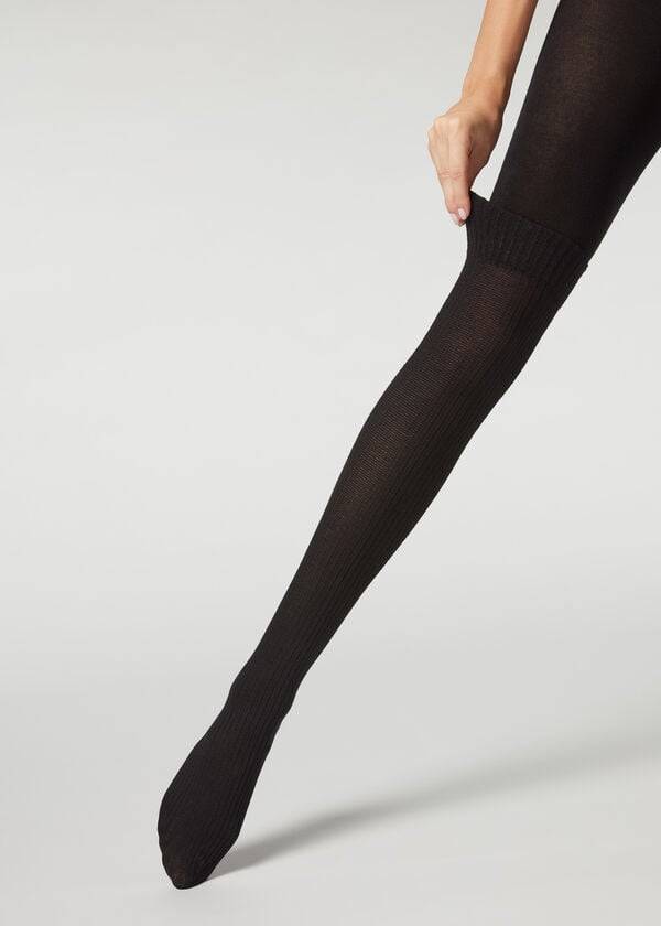 Collants Calzedonia Com Nervuras Longuette Effect with Cashmere Patterned Feminino Pretas | PT3066NB