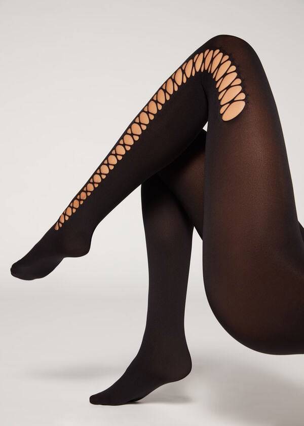 Collants Calzedonia Crisscross Cut-Out Opaque 90 Denier Patterned Feminino Pretas | PT3101IS