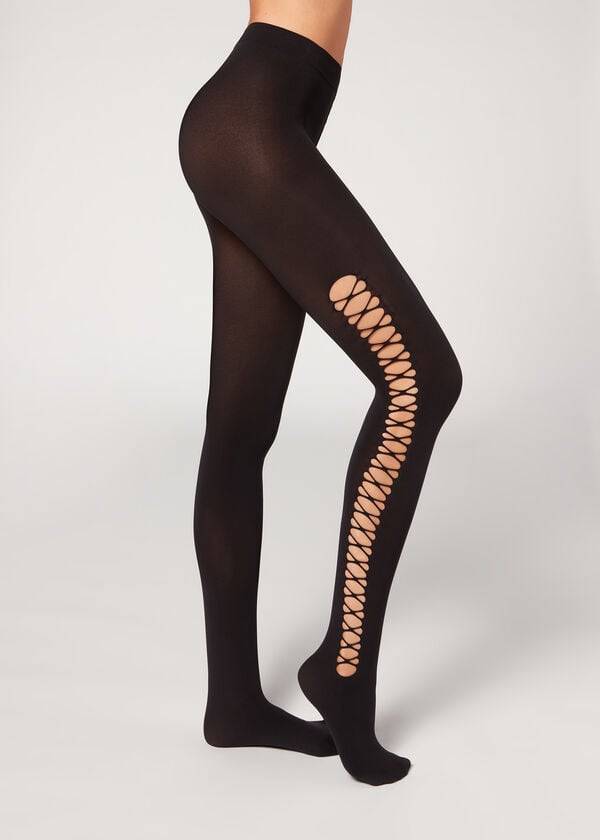 Collants Calzedonia Crisscross Cut-Out Opaque 90 Denier Patterned Feminino Pretas | PT3101IS