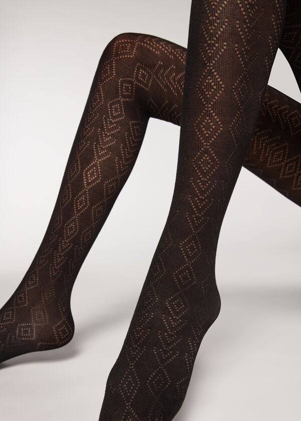 Collants Calzedonia Diamond Pattern with Cashmere Patterned Feminino Pretas | PT3098AP