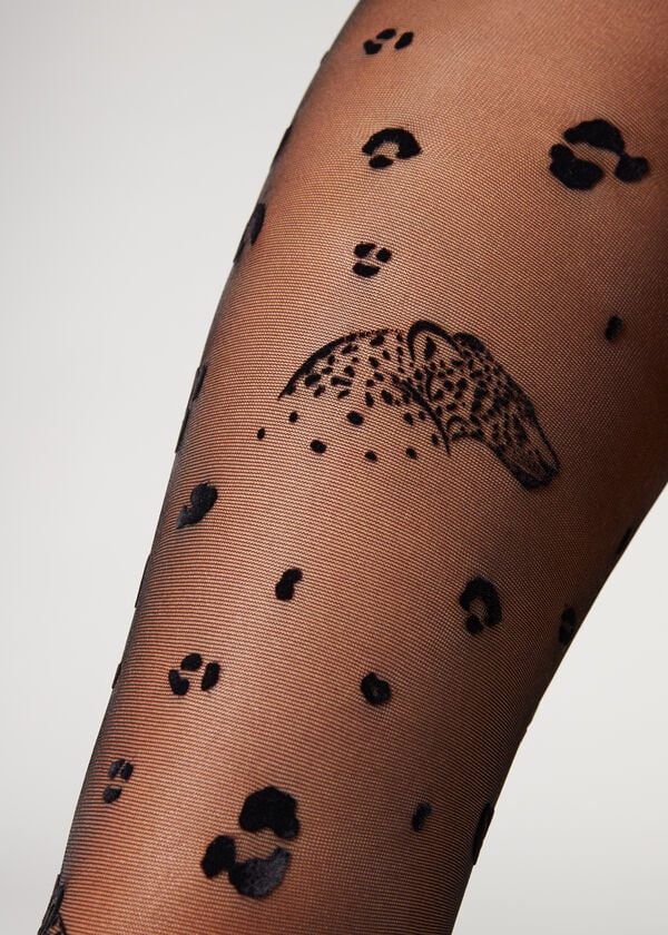 Collants Calzedonia Flocked Leopard Print 30 Denier Patterned Feminino Pretas | PT3095FM