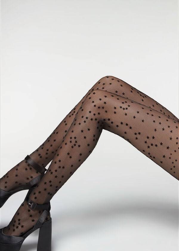 Collants Calzedonia Flocked Stars 30 Denier Sheer Feminino Pretas | PT2967MA