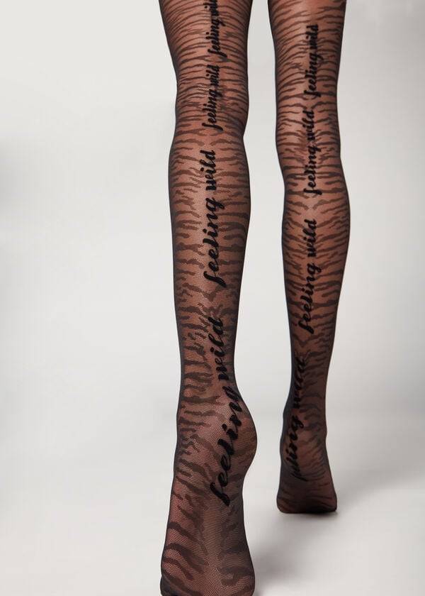 Collants Calzedonia Flocked Tiger Text 50 Denier Patterned Feminino Pretas | PT3094GL