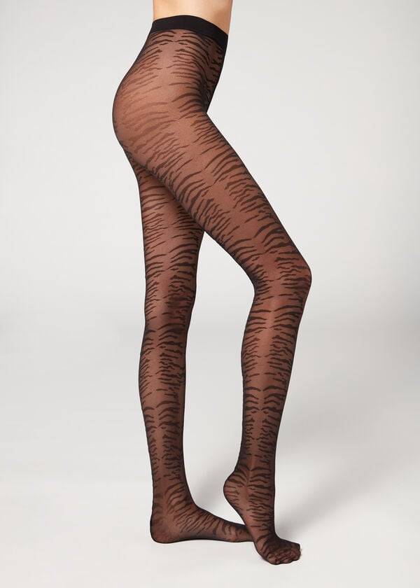 Collants Calzedonia Flocked Tiger Text 50 Denier Patterned Feminino Pretas | PT3094GL