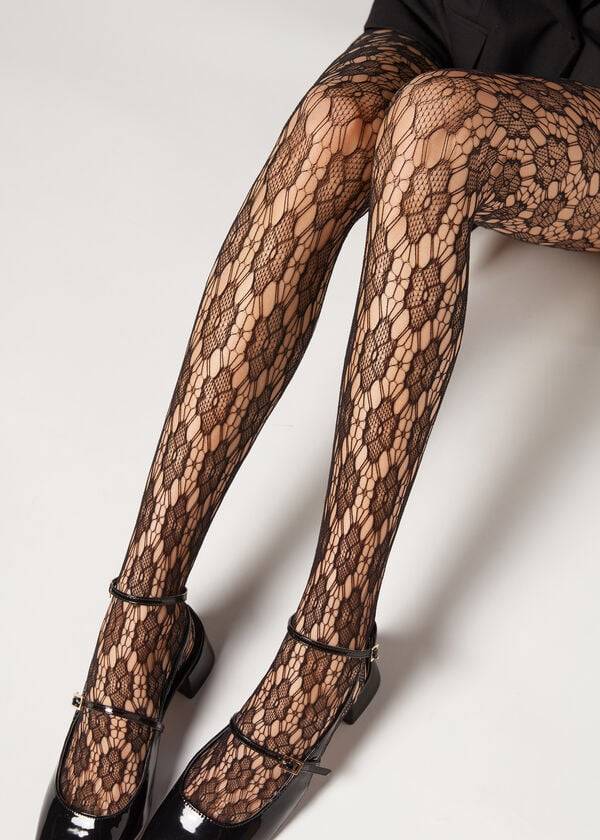 Collants Calzedonia Floral-Motif Fishnet Patterned Feminino Pretas | PT3090LH