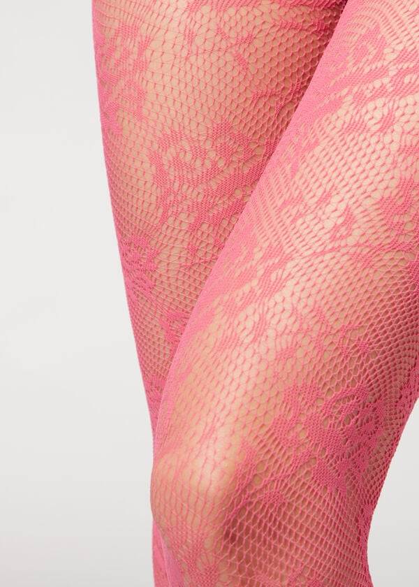 Collants Calzedonia Floral Renda-Motif Fishnet Patterned Feminino Rosa | PT3091KI