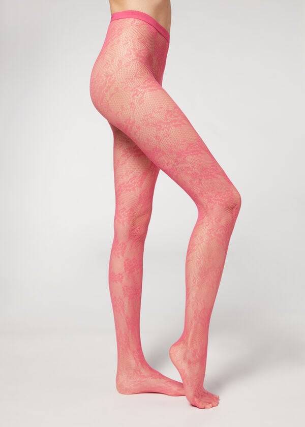 Collants Calzedonia Floral Renda-Motif Fishnet Patterned Feminino Rosa | PT3091KI