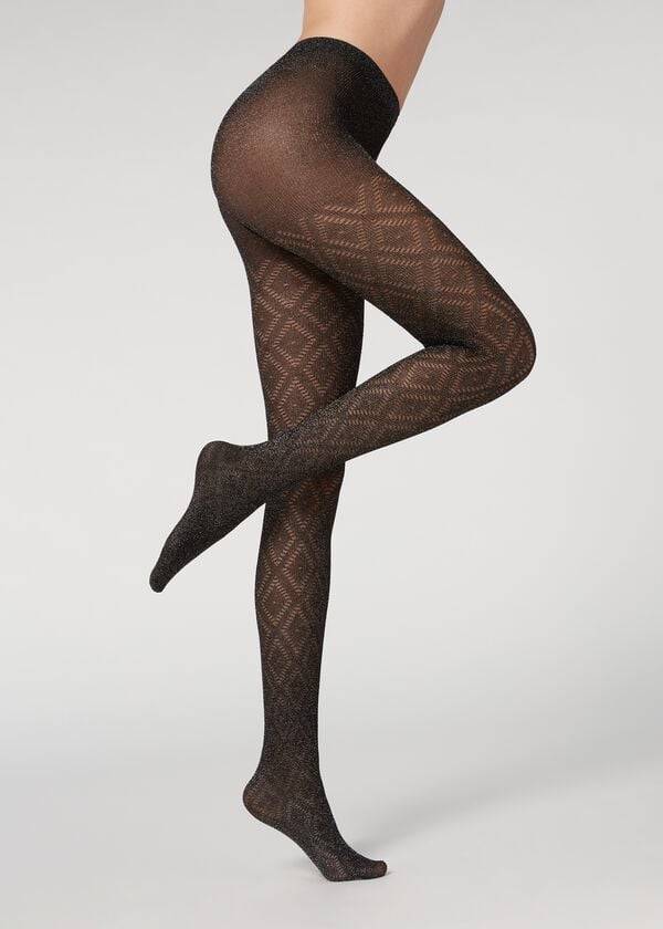 Collants Calzedonia Glitter Diamond Pattern Patterned Feminino Pretas Prateadas | PT3084NB