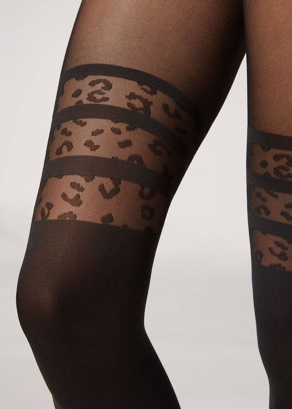 Collants Calzedonia Longuette-Effect Animal-Print Patterned Feminino Pretas | PT3081WY