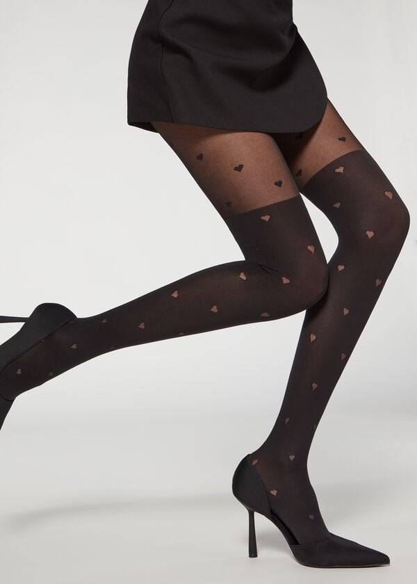 Collants Calzedonia Longuette-Effect Mini Heart-Motif Patterned Feminino Pretas | PT3080EX