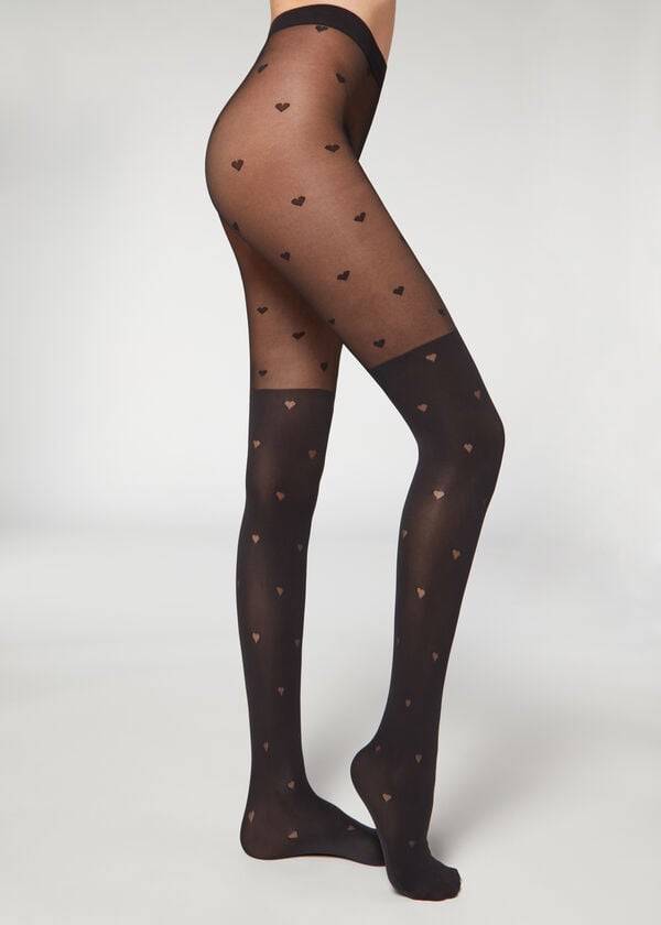 Collants Calzedonia Longuette-Effect Mini Heart-Motif Patterned Feminino Pretas | PT3080EX