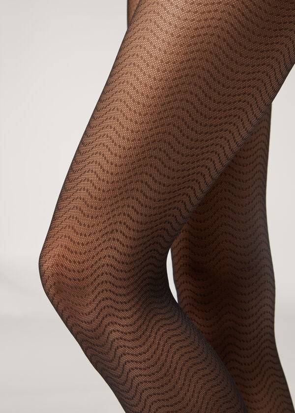 Collants Calzedonia Wave-Motif Micronet Patterned Feminino Pretas | PT3058UT