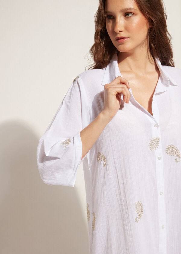 Cover Ups Calzedonia Embroidered Paisley Lamé Midi Shirt Feminino Branco | PT2112OR