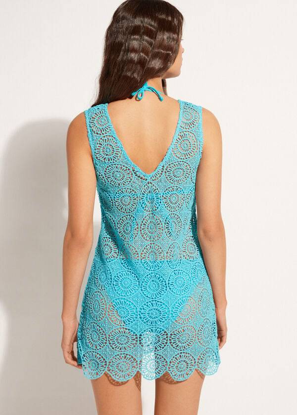 Cover Ups Calzedonia Geometric Crochet Vestidos Feminino Turquesa | PT2107RW