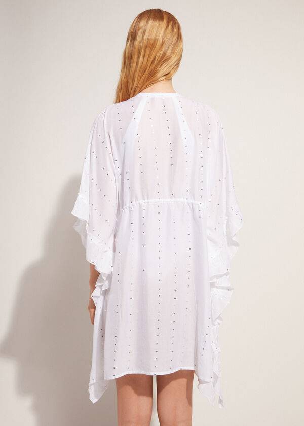 Cover Ups Calzedonia Kimono Caftan with Sangallo Renda and Sequins Feminino Branco | PT2106EX