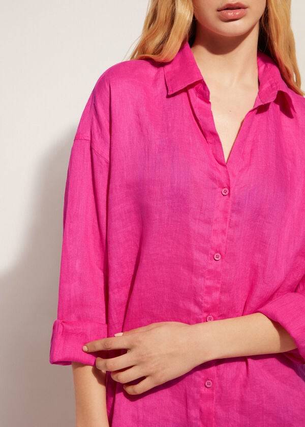 Cover Ups Calzedonia Linen Shirt Feminino Rosa | PT2095KI