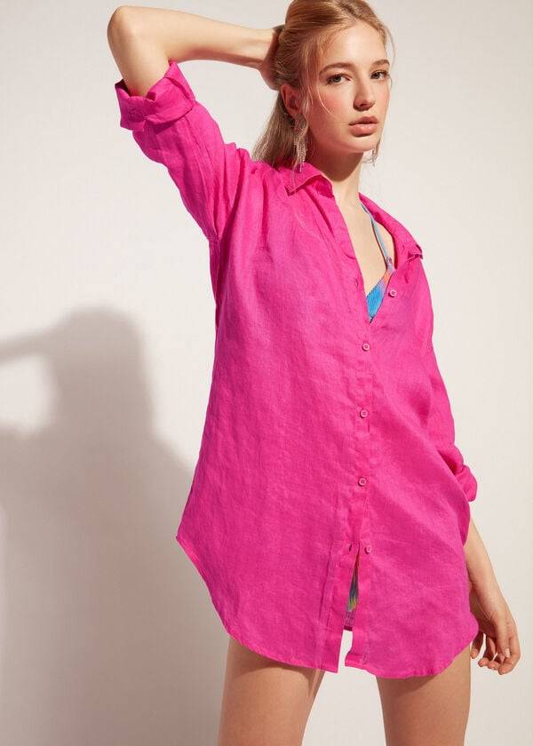 Cover Ups Calzedonia Linen Shirt Feminino Rosa | PT2095KI