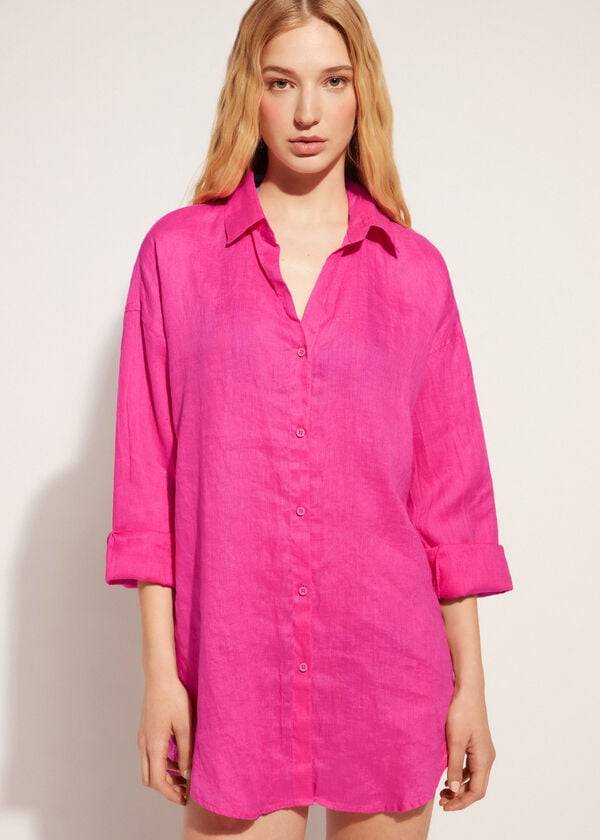 Cover Ups Calzedonia Linen Shirt Feminino Rosa | PT2095KI