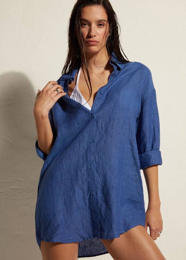 Cover Ups Calzedonia Linen Shirt Feminino Azuis | PT2100VD