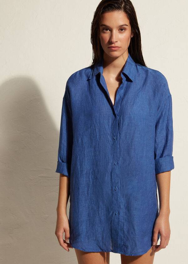 Cover Ups Calzedonia Linen Shirt Feminino Azuis | PT2100VD