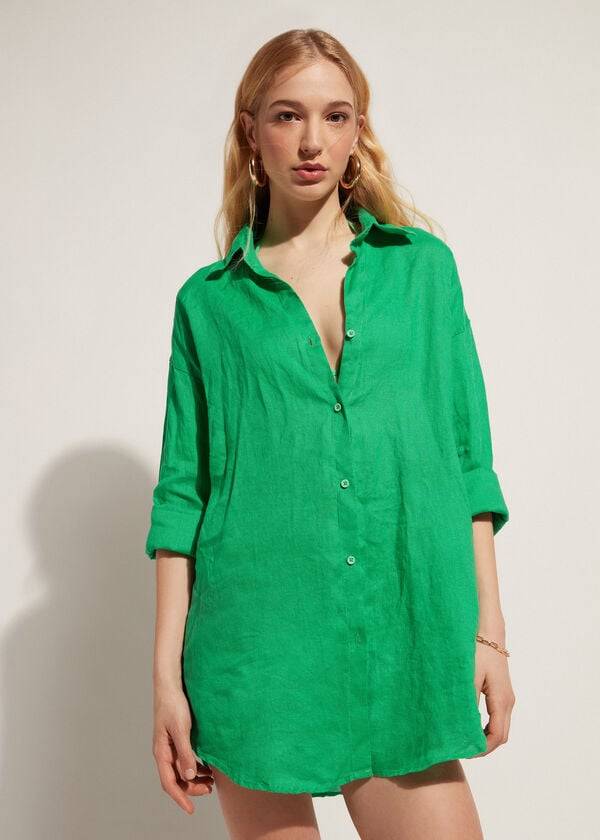 Cover Ups Calzedonia Linen Shirt Feminino Verdes | PT2103MA