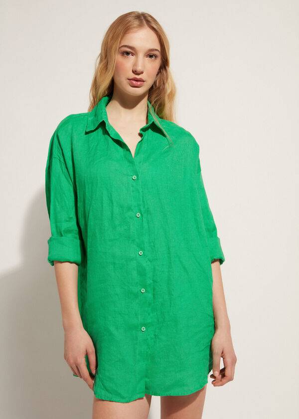 Cover Ups Calzedonia Linen Shirt Feminino Verdes | PT2103MA