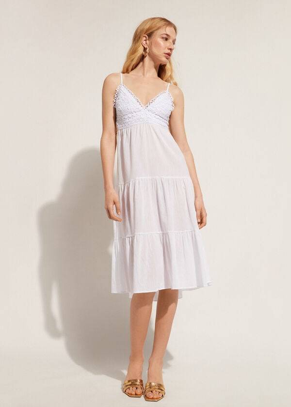 Cover Ups Calzedonia Midi Vestidos in Macramé Renda and Ruffled Skirt Feminino Branco | PT2087PQ