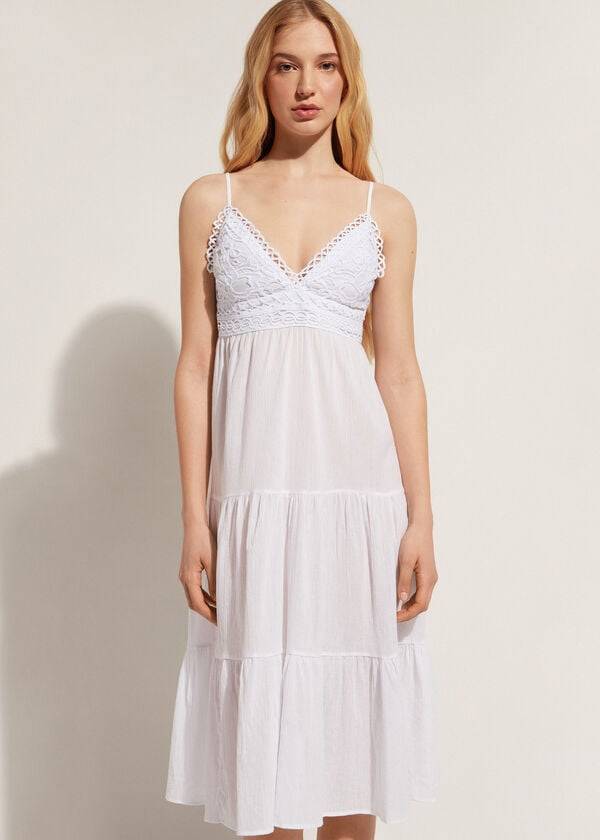 Cover Ups Calzedonia Midi Vestidos in Macramé Renda and Ruffled Skirt Feminino Branco | PT2087PQ