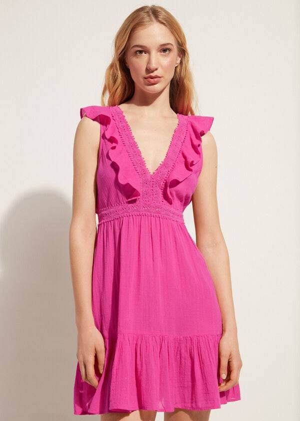 Cover Ups Calzedonia Mini Vestidos with Ruffle and Passementerie Feminino Rosa | PT2083YU