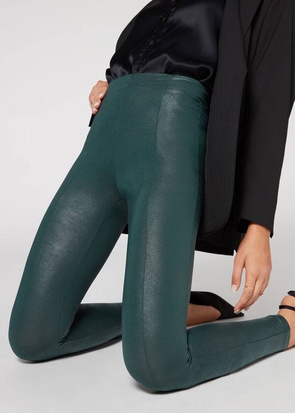 Leggings Calzedonia Coated Total Shaper Ciclismo Feminino Verdes | PT1558QZ