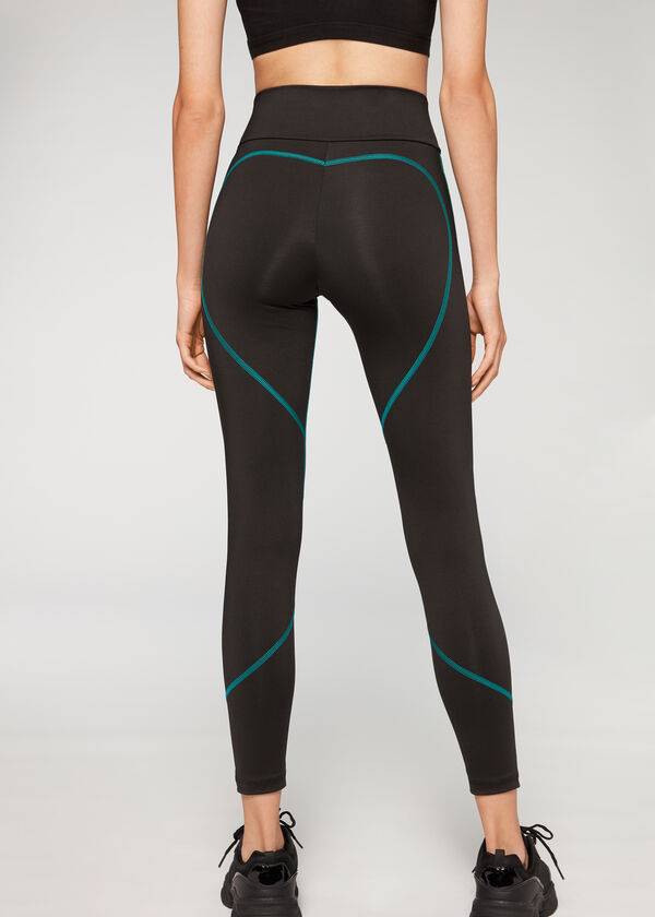 Leggings Calzedonia Contrast Seam Performance Atléticos Feminino Pretas Verdes | PT1555BC