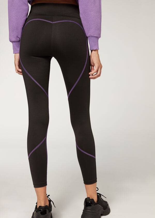 Leggings Calzedonia Contrast Seam Performance Atléticos Feminino Pretas Roxo | PT1556NB