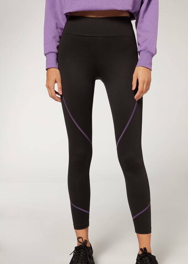 Leggings Calzedonia Contrast Seam Performance Atléticos Feminino Pretas Roxo | PT1556NB