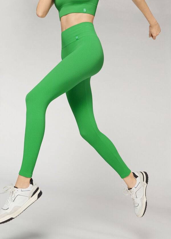 Leggings Calzedonia Fine Com Nervuras Seamless Esportivos Feminino Verdes | PT1539IS