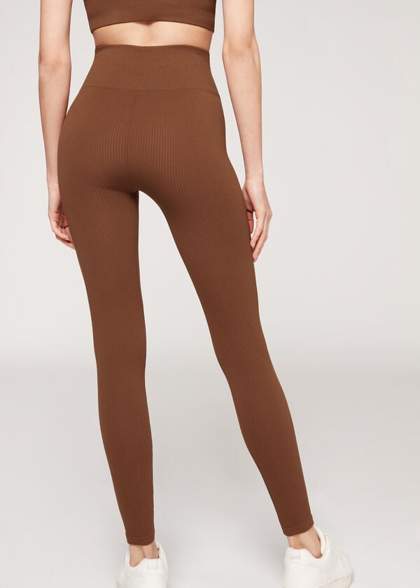 Leggings Calzedonia Fine Com Nervuras Seamless Esportivos Feminino Marrom | PT1542AP