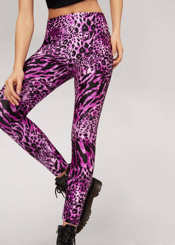 Leggings Calzedonia Shiny Animal-Print Atléticos Feminino Rosa | PT1509RW