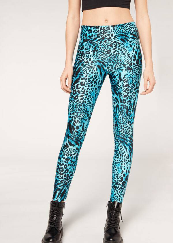 Leggings Calzedonia Shiny Animal-Print Atléticos Feminino Turquesa | PT1510TV