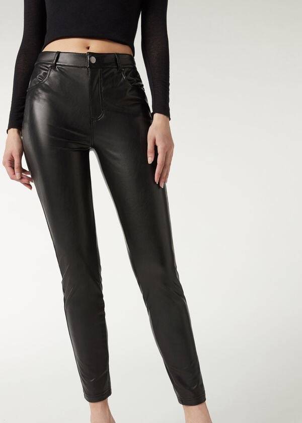 Leggings Calzedonia Thermal leather-effect Feminino Pretas | PT1490AP