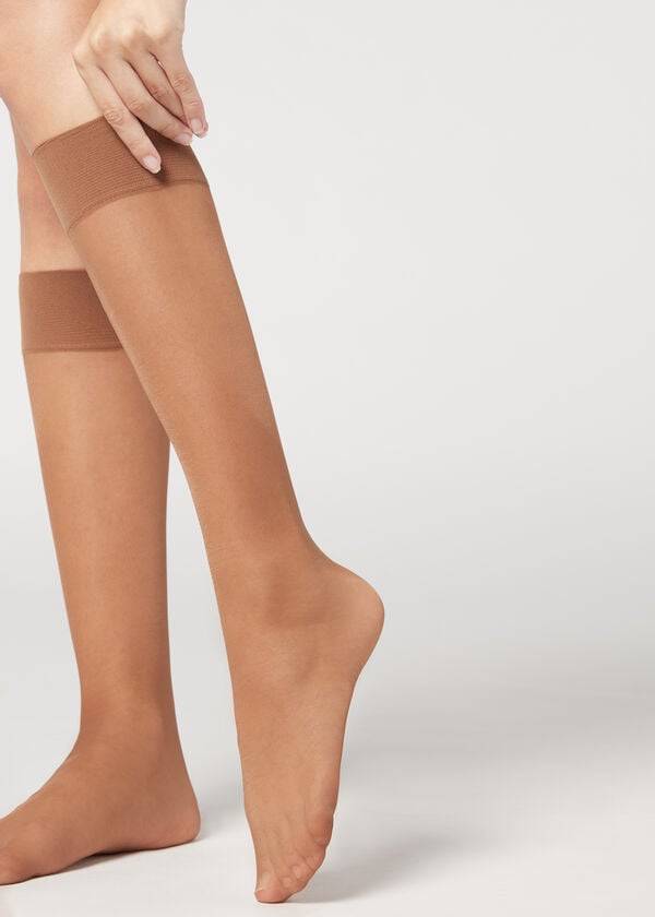 Meias Calzedonia 20 Denier Conforto Cuff Knee-Highs Sheer Feminino Cafes | PT1892VD