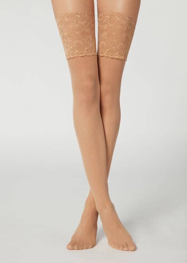 Meias Calzedonia 20 Denier Opaque Thigh-Highs Feminino Marrom | PT2953FM