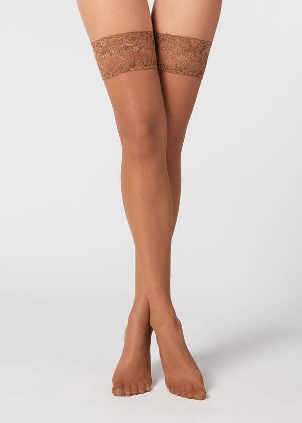 Meias Calzedonia 20 Denier Sheer Thigh-Highs Feminino Marrom | PT2944VD