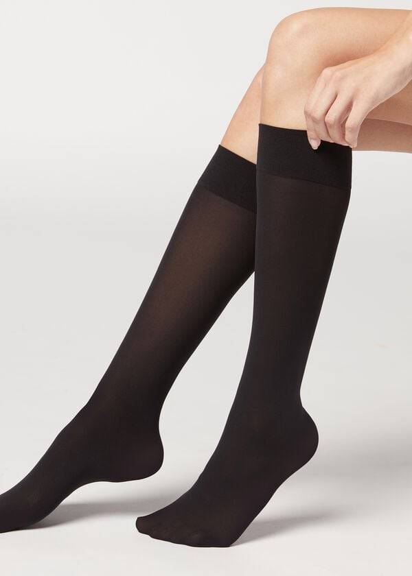 Meias Calzedonia 30 Denier Semi Opaque Microfiber Knee-Highs Long Feminino Pretas | PT1956OR