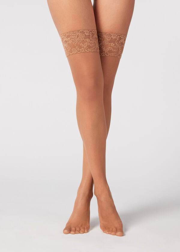 Meias Calzedonia 8 Denier Ultra Sheer Thigh-Highs Feminino Bege Marrom | PT2937RW