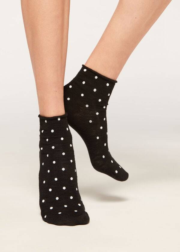 Meias Calzedonia Polka Dot Motif Curta with Linen Feminino Pretas | PT1724AP