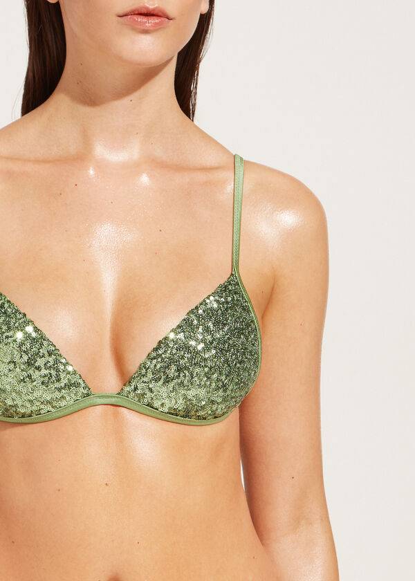 Tops De Biquíni Calzedonia Graduated Acolchoado Triangle Cannes Feminino Verdes | PT2459VD