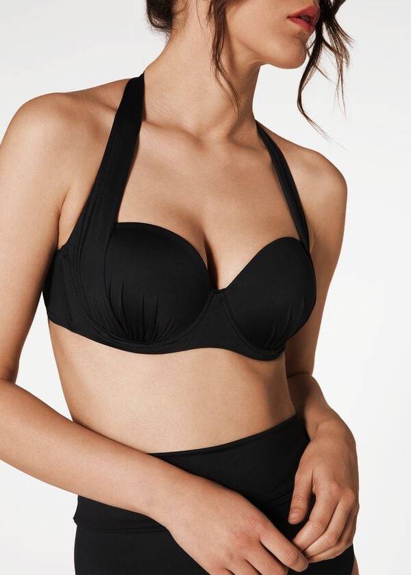 Tops De Biquíni Calzedonia Indonesia Push-Up Bandeau Feminino Pretas | PT2416FM