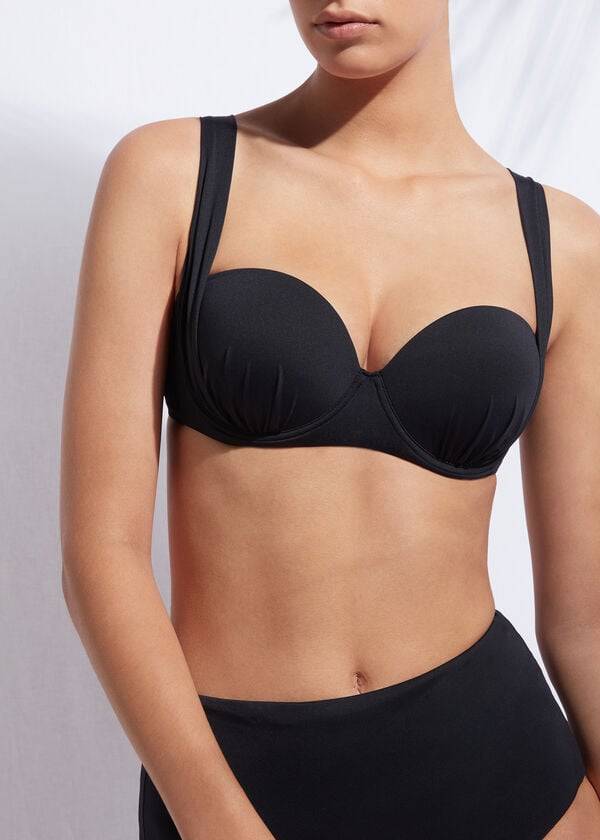 Tops De Biquíni Calzedonia Indonesia Push-Up Bandeau Feminino Pretas | PT2416FM