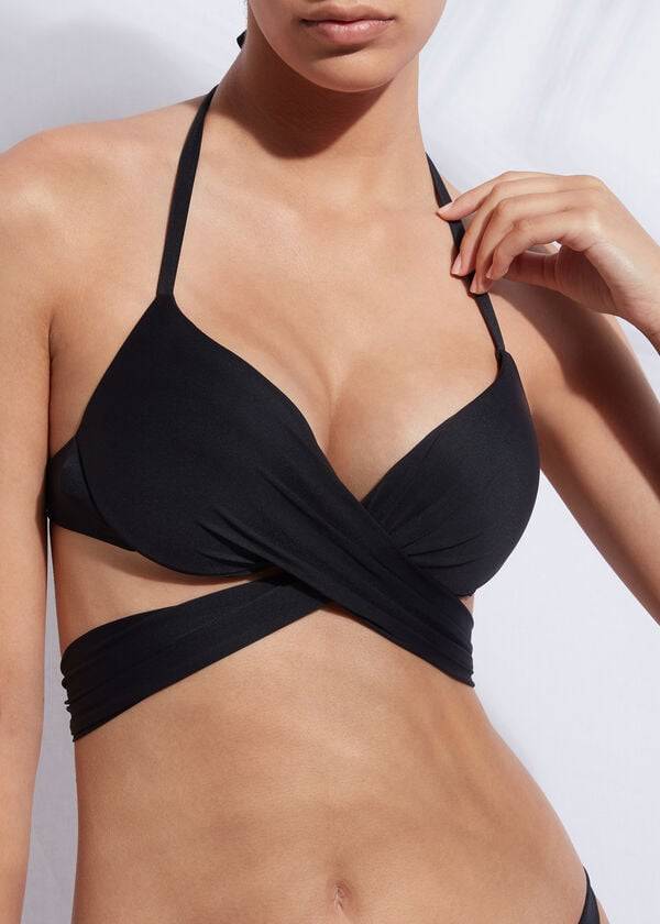 Tops De Biquíni Calzedonia Indonesia Push Up Criss-Cross Straps Feminino Pretas | PT2417DN